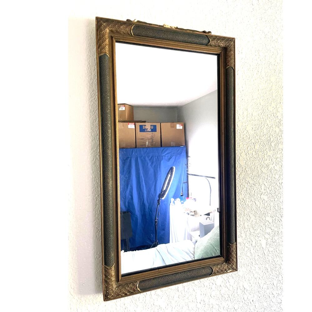 Vintage Ornate Rectangular Mirror 22x12” - Distressed Gold Frame